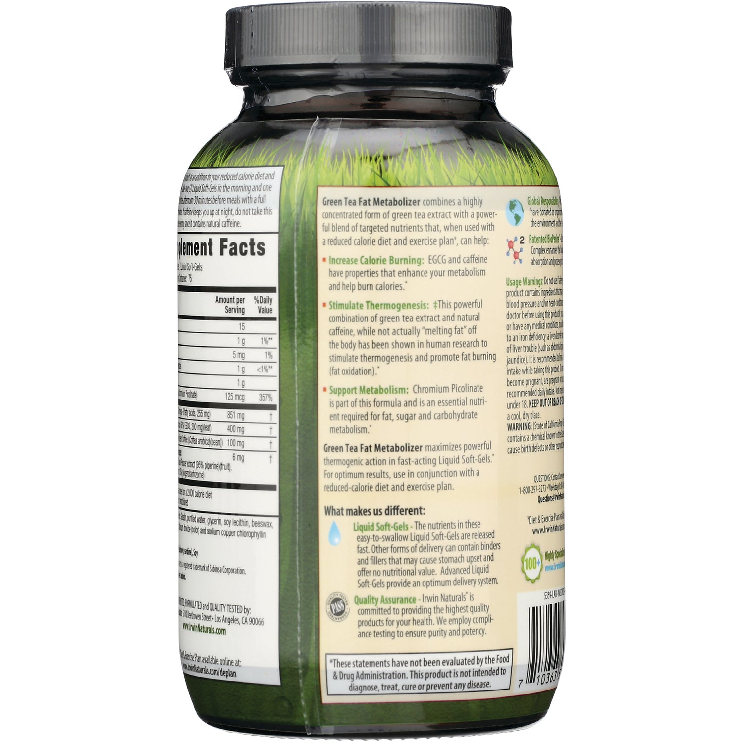 IR241 | Back of green tea supplement bottle showing supplement facts, usage instructions and ingredient panel