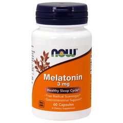 NWF069 | NOW Melatonin 3 mg white bottle with orange label reading 60 Capsules