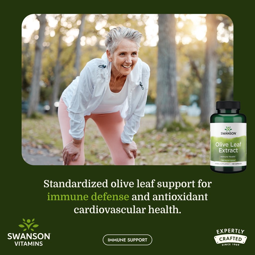 SWH159 | Woman stretching outdoors beside Swanson Olive Leaf Extract bottle with immune support messaging - Thumbnail
