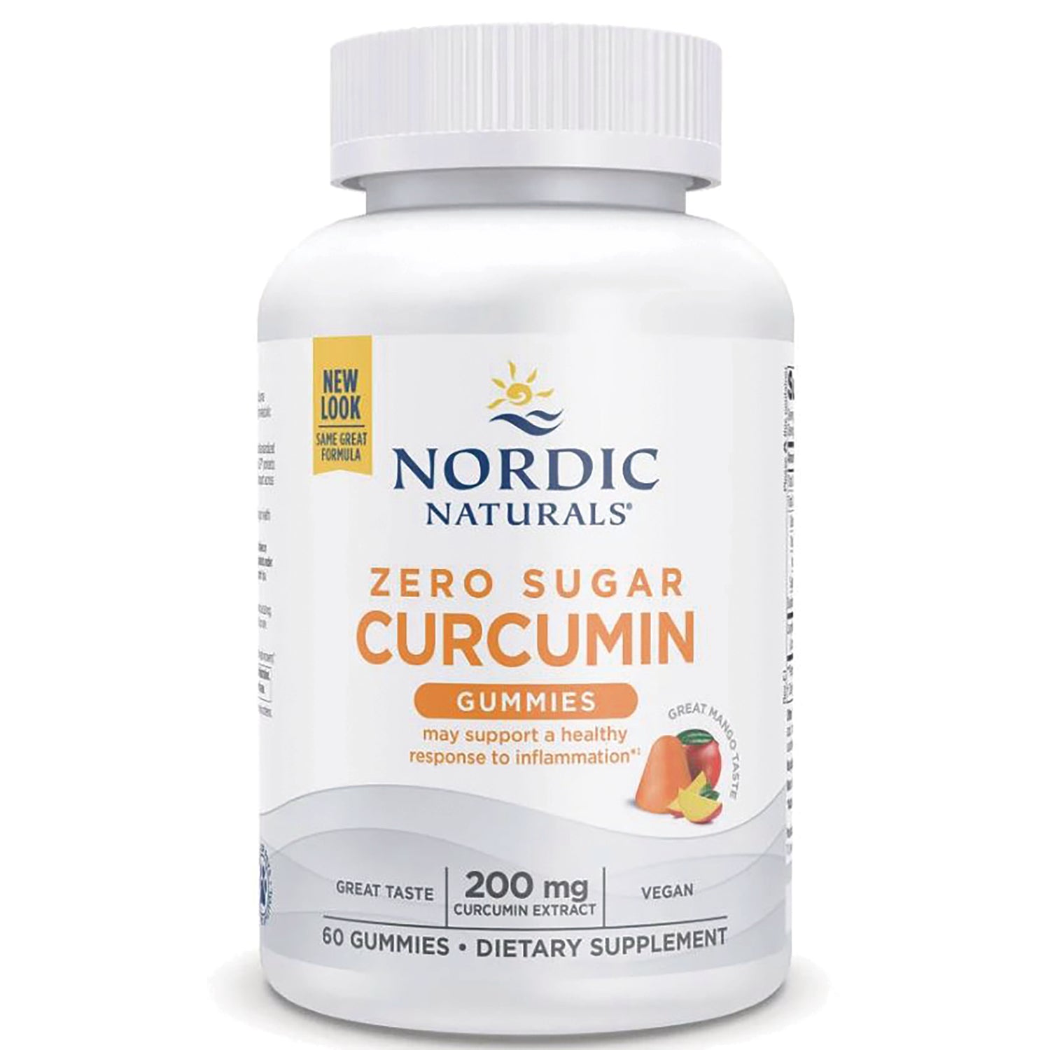 NRN104 | Nordic Naturals zero sugar curcumin gummies white bottle front label showing 200 mg and 60 gummies