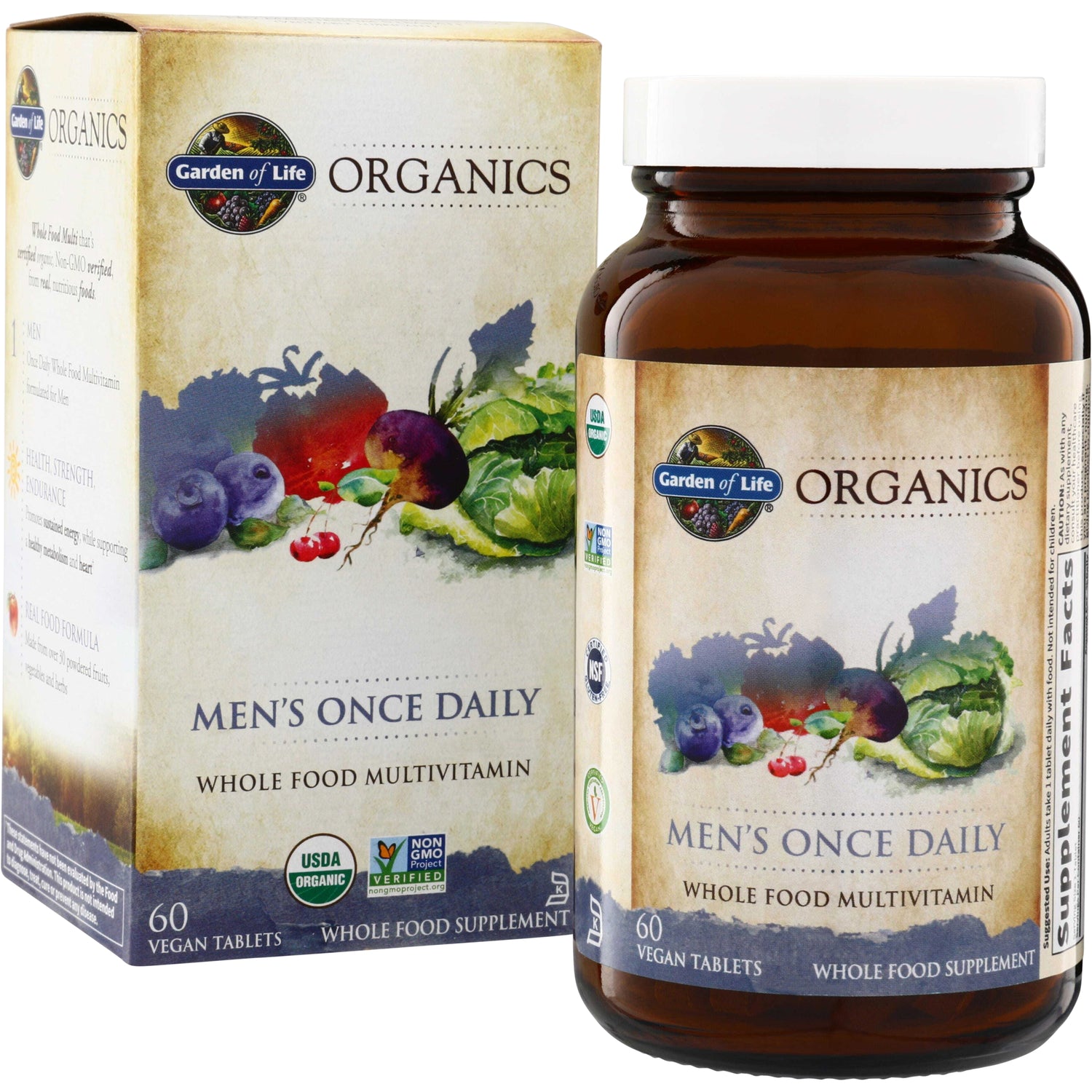 GLF183 | Garden of Life Organics Men's Once Daily whole food multivitamin, 60 vegan tablets