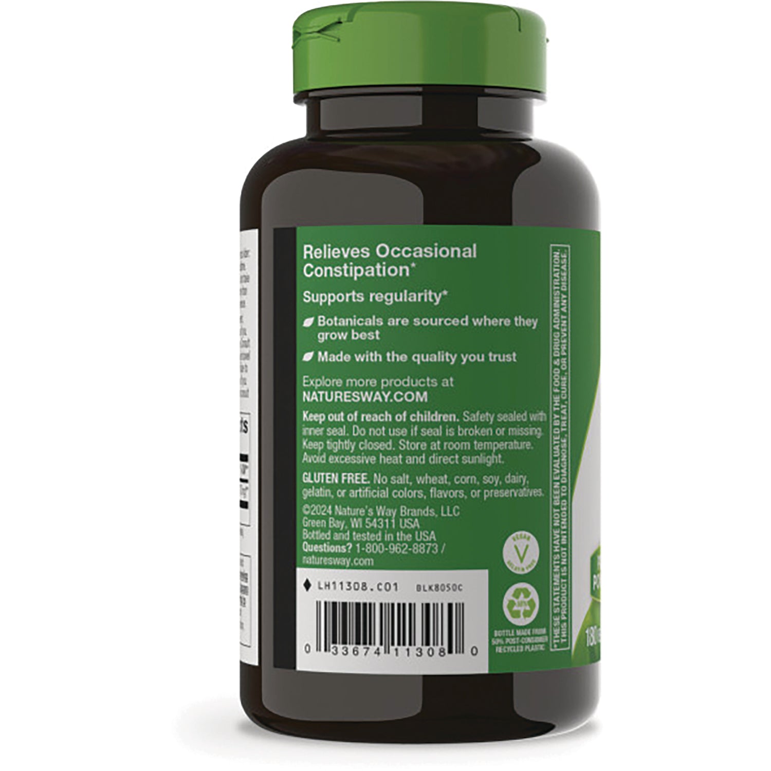 NW479 | back label of supplement bottle showing Relieves Occasional Constipation text, ingredient info and barcode