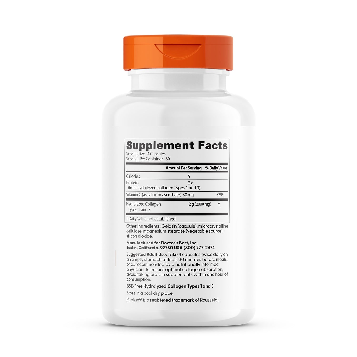 DB214 | back label showing Supplement Facts panel, ingredients, suggested use, and manufacturer contact on white bottle