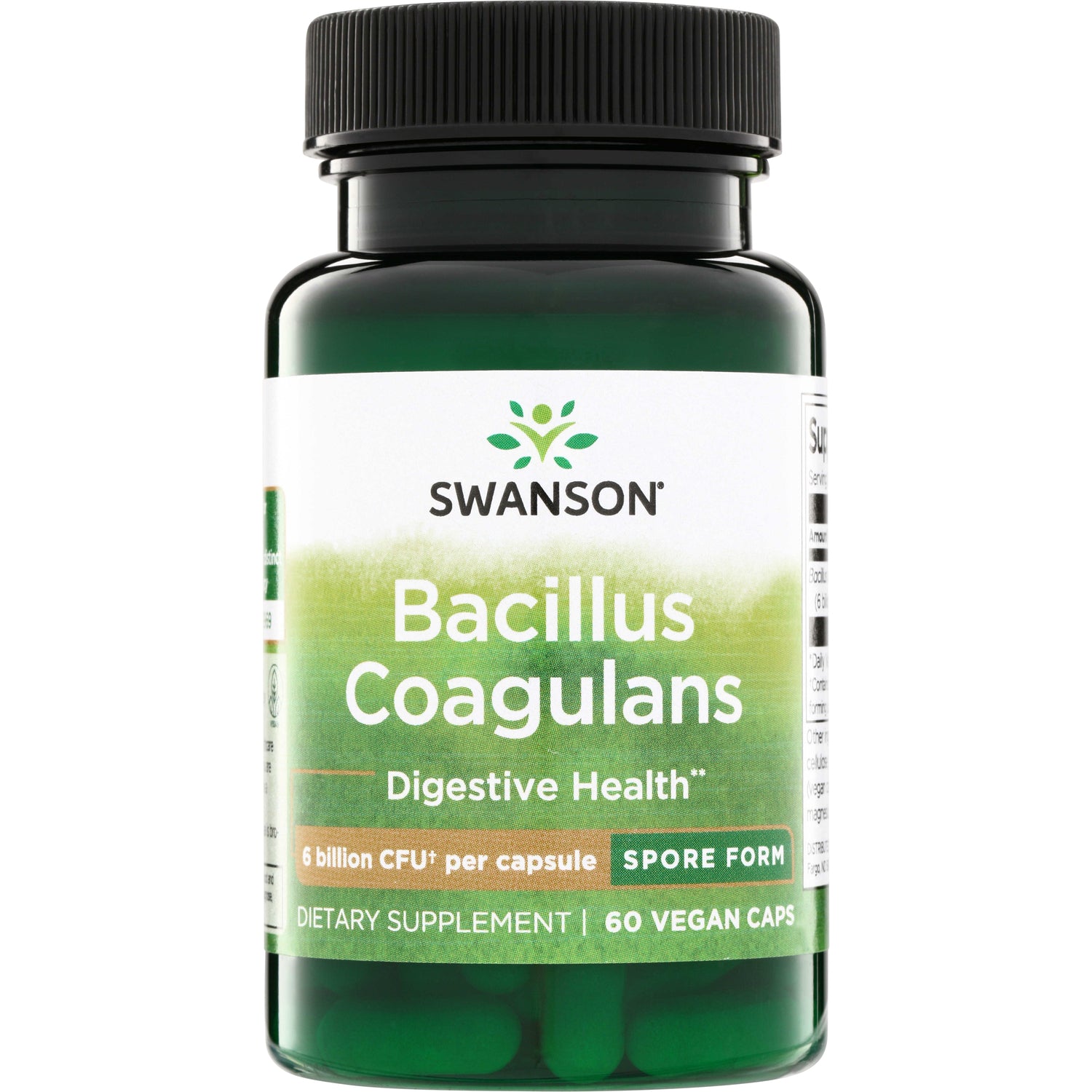 SWA023 | Swanson Bacillus Coagulans digestive health supplement bottle, 60 vegan caps, 6 billion CFU per capsule, spore form