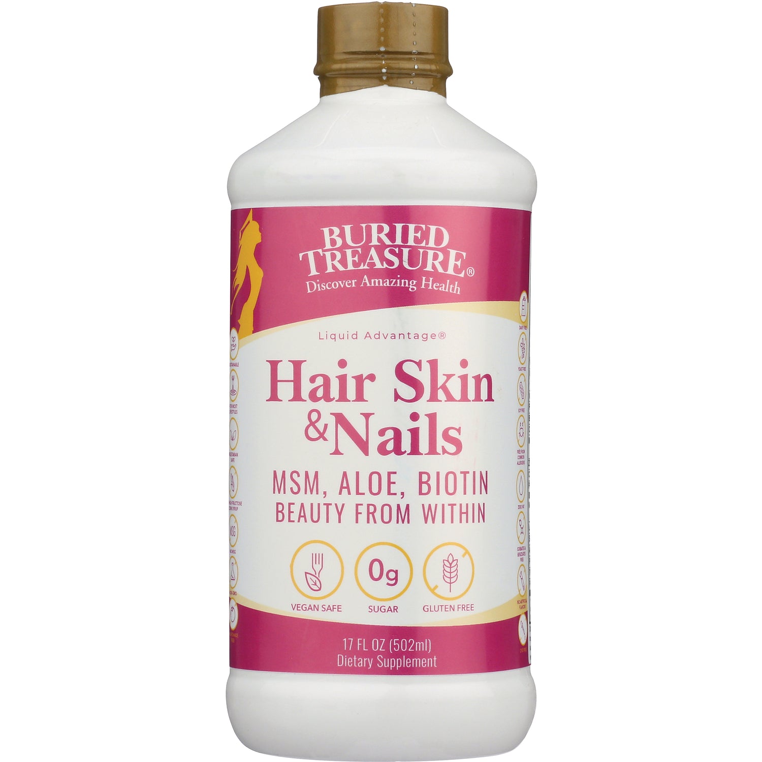 BTR020 | Buried Treasure Hair Skin & Nails liquid supplement bottle with pink label, MSM Aloe Biotin, 17 fl oz