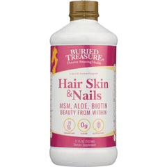BTR020 | Buried Treasure Hair Skin & Nails liquid supplement bottle with pink label, MSM Aloe Biotin, 17 fl oz
