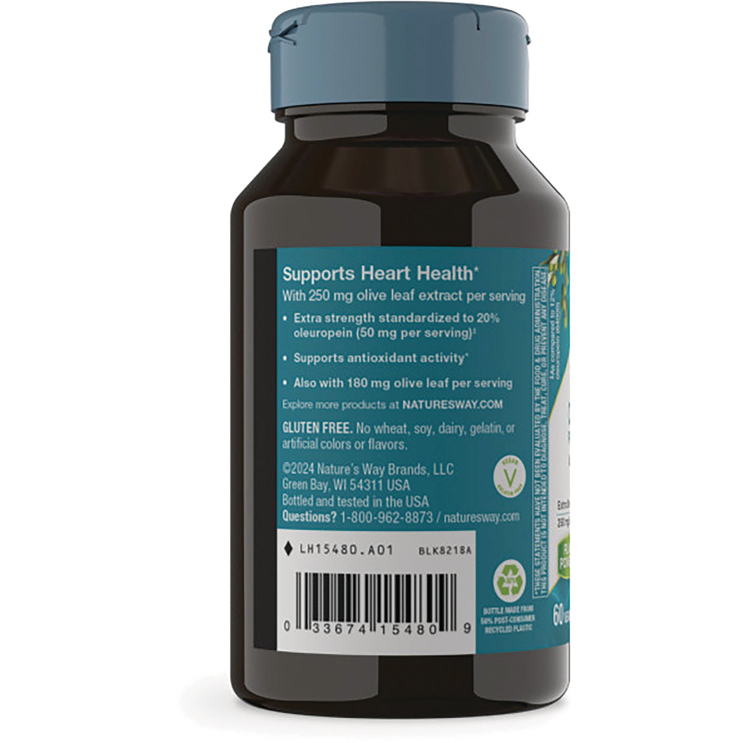 NW901 | back of brown supplement bottle with teal label reading Supports Heart Health, ingredient text and barcode