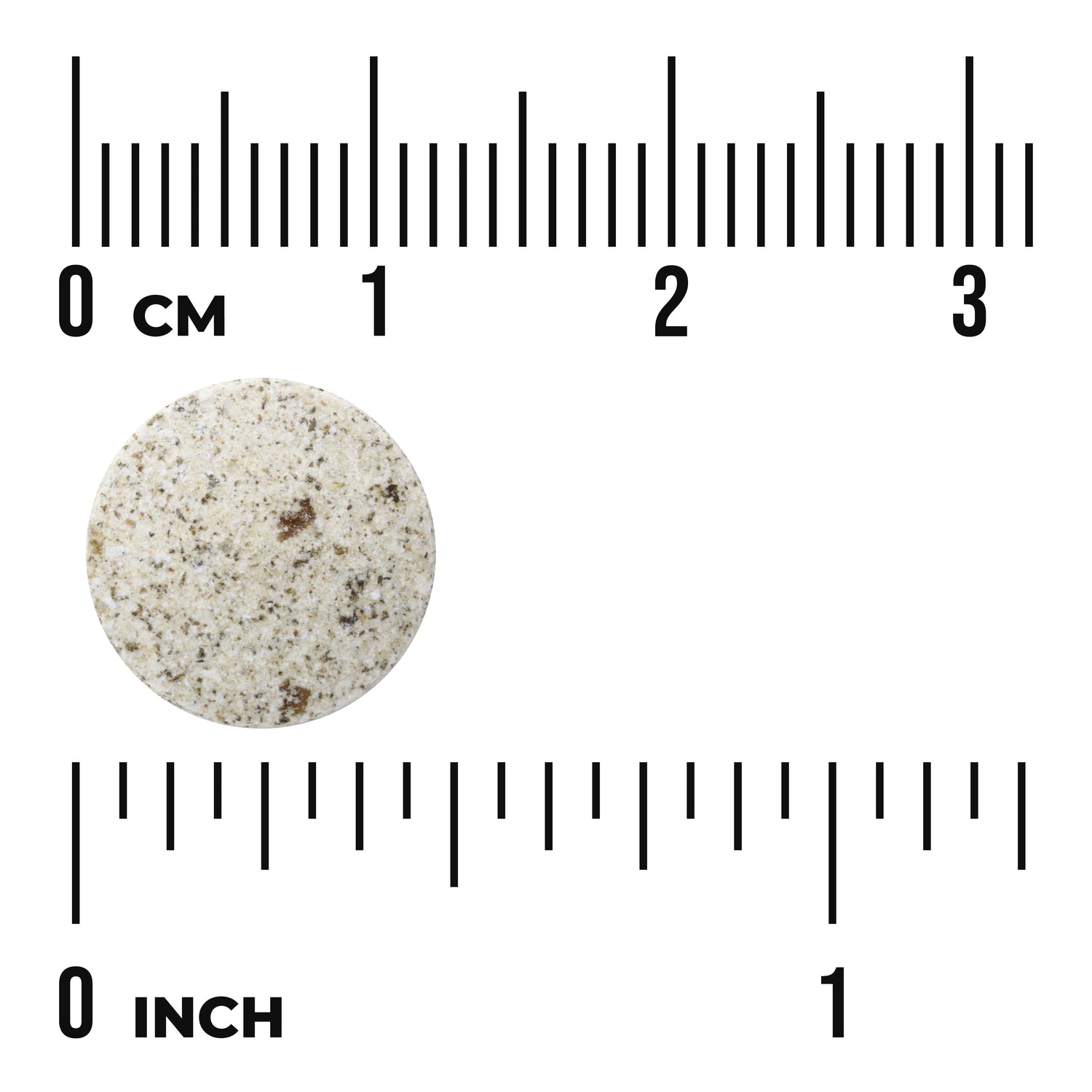 SWD019 | Round speckled tablet shown with ruler scale in centimeters and inches