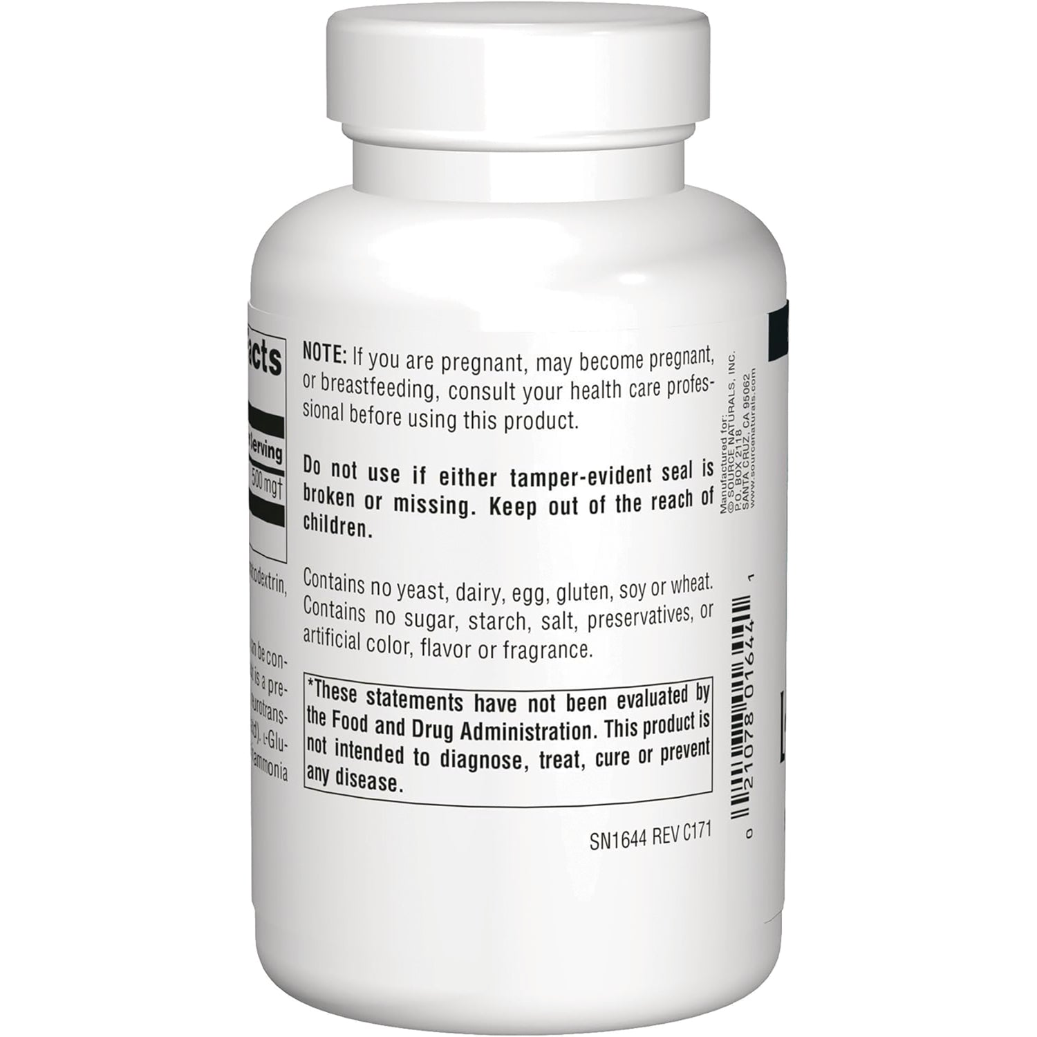 SN444 | Supplement bottle back label with warnings, FDA disclaimer, and barcode