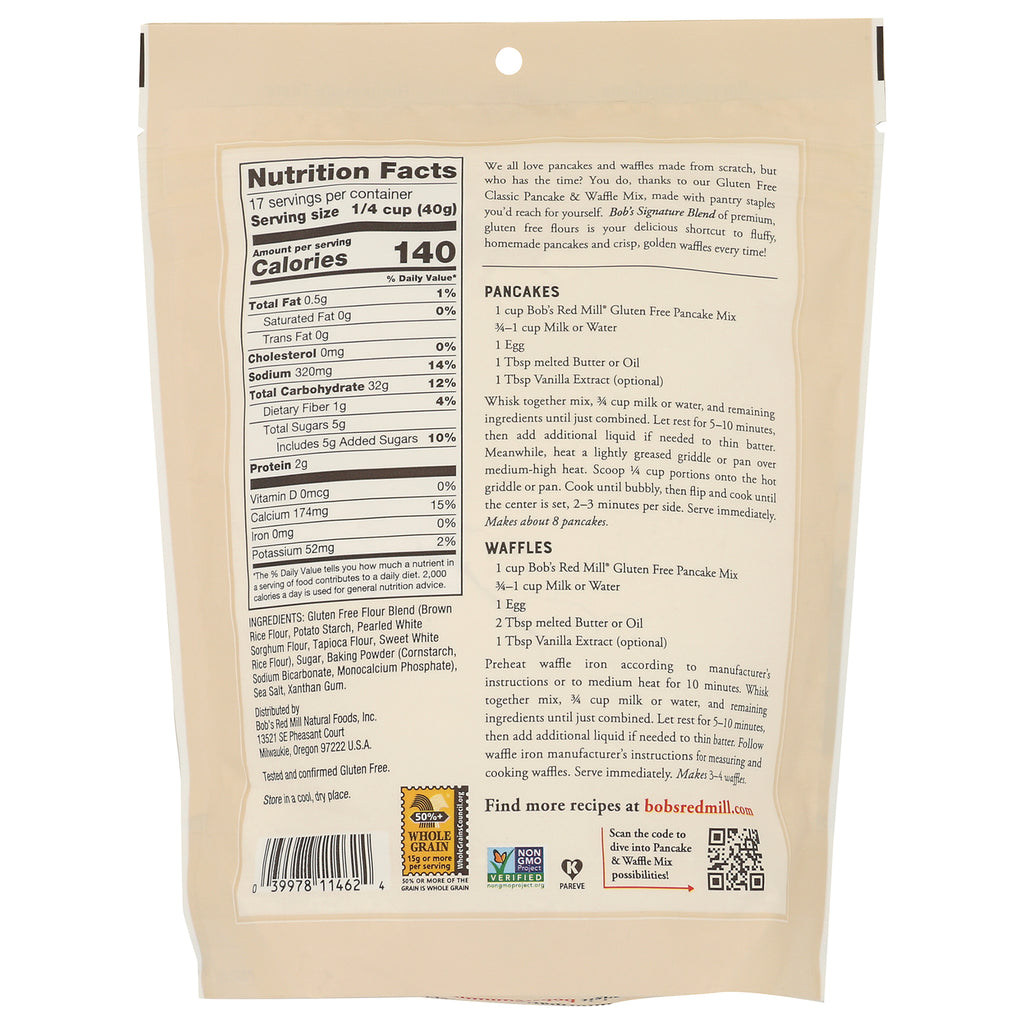 BOB318 | Back of beige pancake mix pouch showing Nutrition Facts panel, ingredients list, and pancake and waffle recipes - Thumbnail
