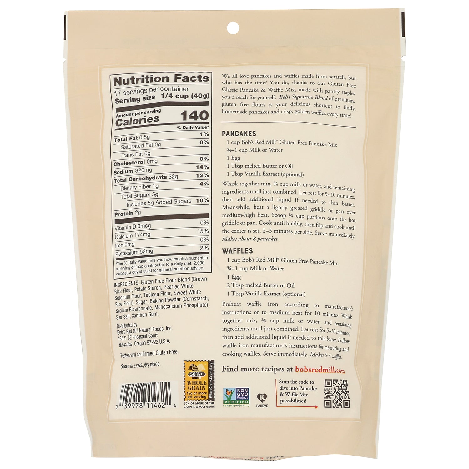 BOB318 | Back of beige pancake mix pouch showing Nutrition Facts panel, ingredients list, and pancake and waffle recipes