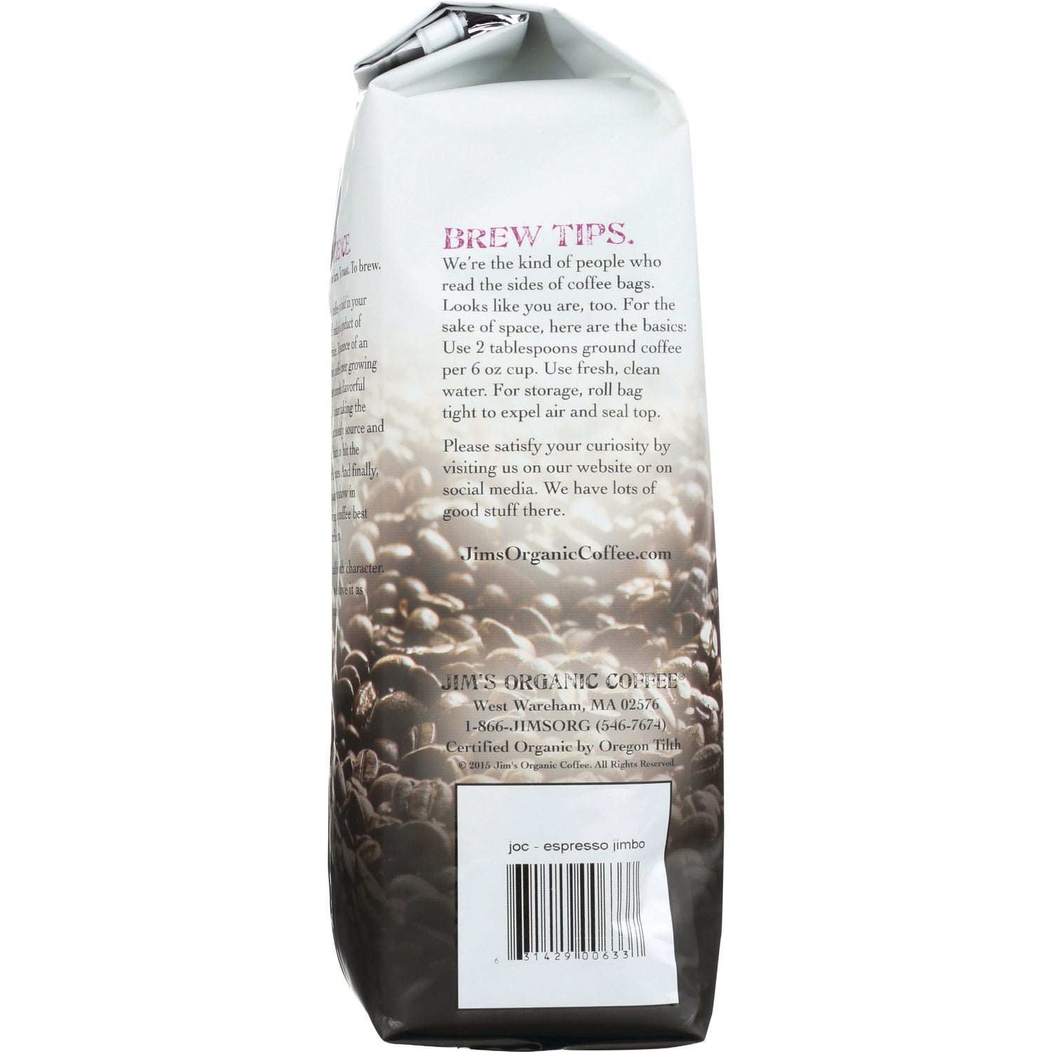JOC015 | Back of coffee bag showing brew tips, company info, barcode and coffee bean graphic