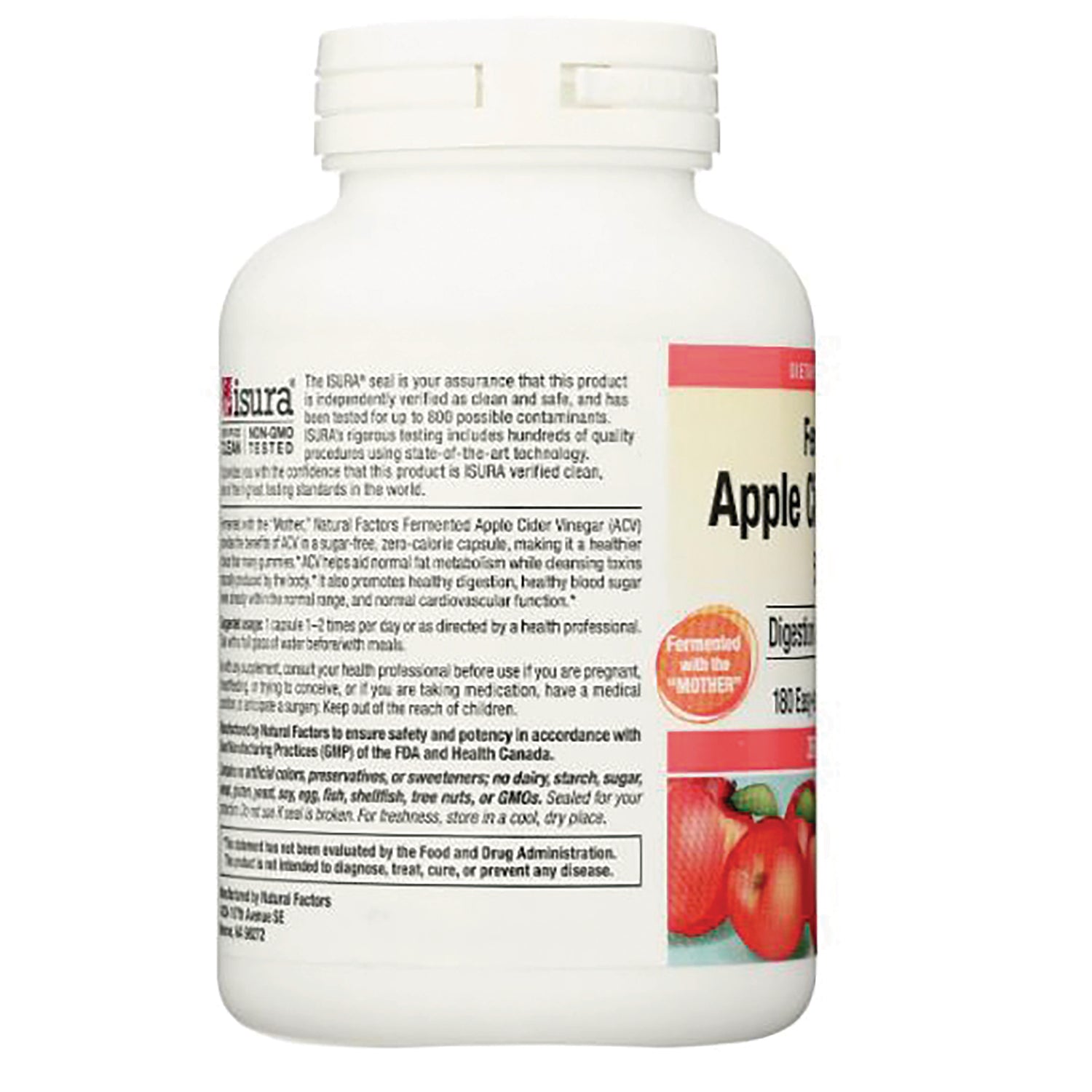 NFC018 | back of white supplement bottle showing supplement facts, directions, and partial Apple Cider label with apple image