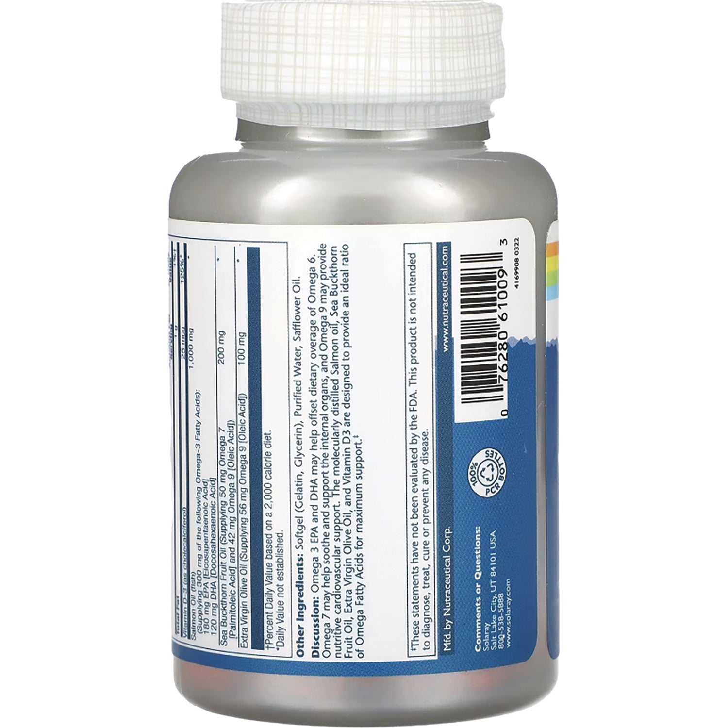 SLR409 | Back of gray supplement bottle showing nutrition facts panel, barcode, and small label text