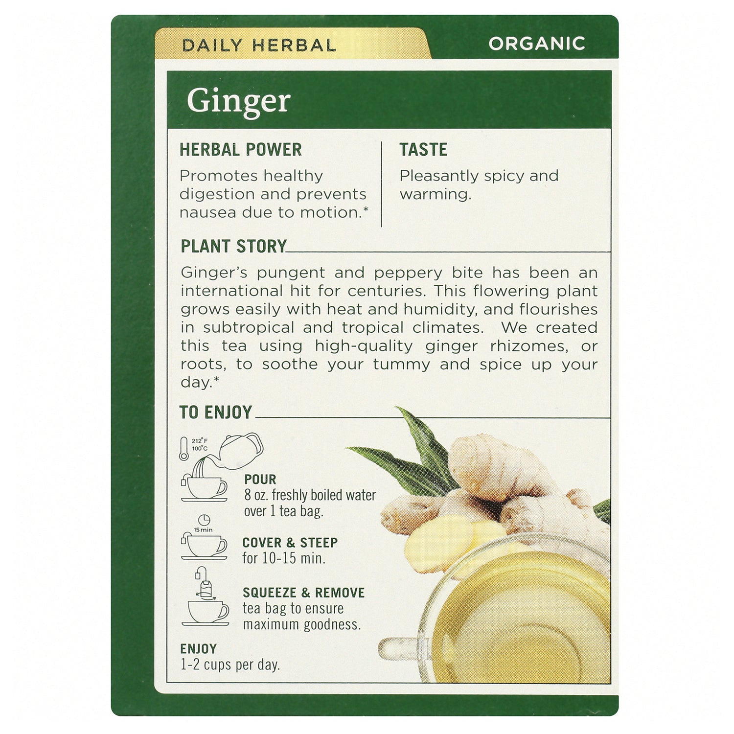 TMD018 | Back panel of organic Ginger tea box with benefits, taste notes, and brewing directions