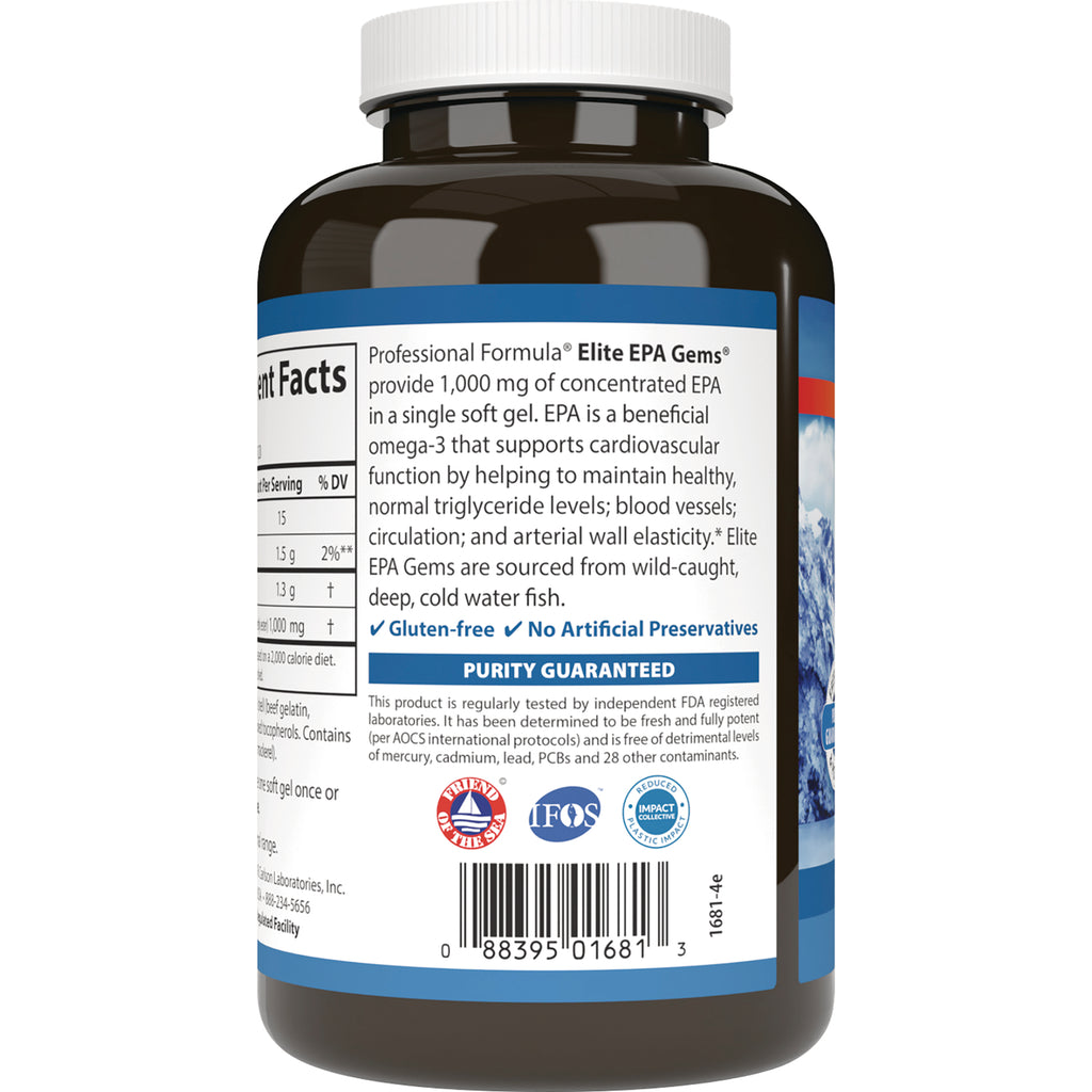 Back label of brown supplement bottle showing ingredient facts, purity guaranteed statement, certifications, and barcode - Thumbnail