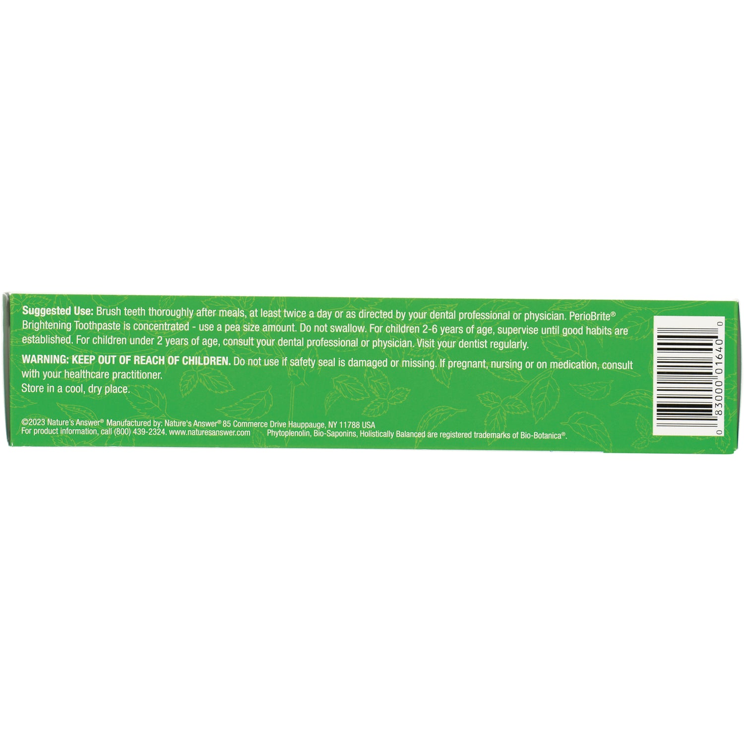 NAT078 | Back of green toothpaste box showing suggested use, warning text and barcode