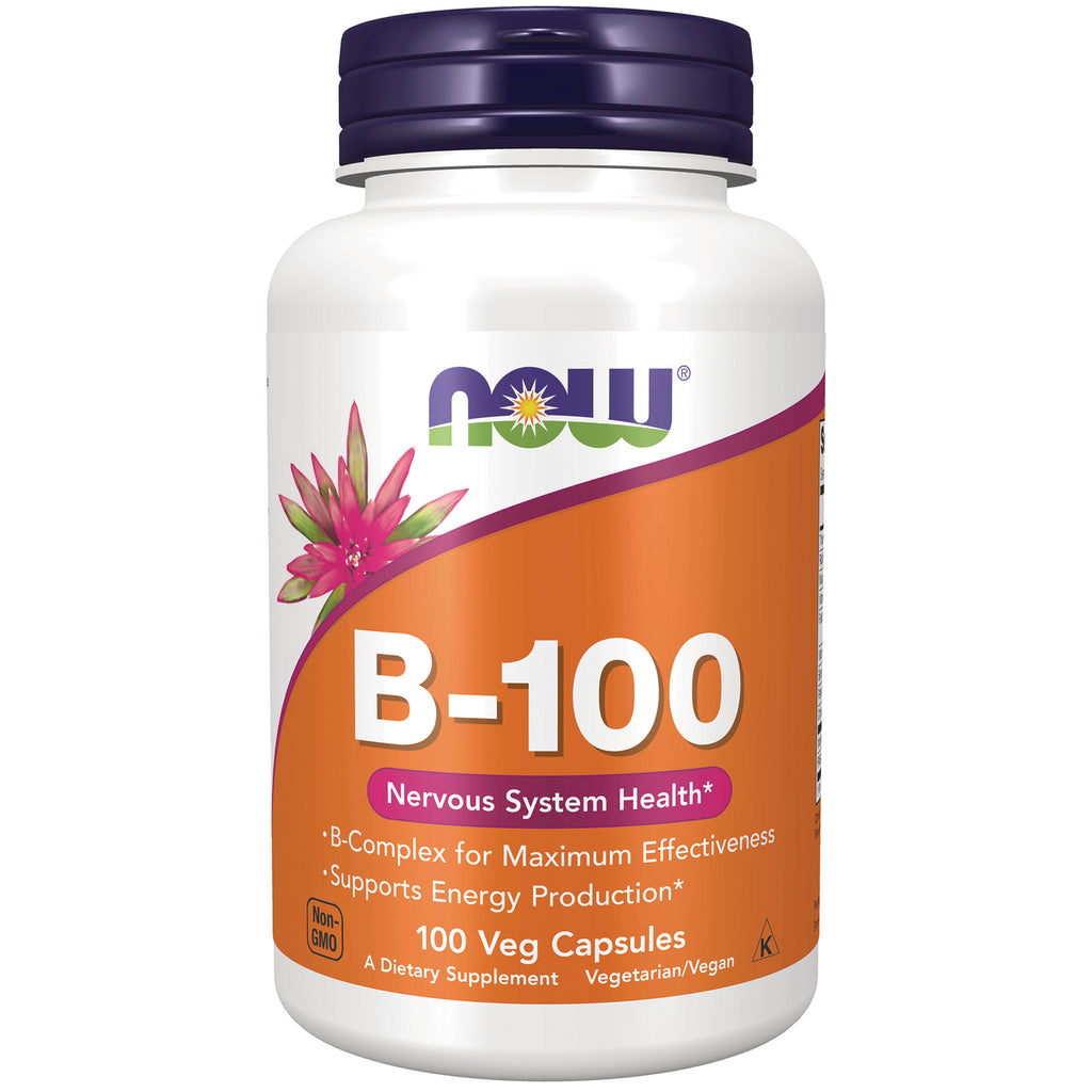 NWF022 | NOW B-100 dietary supplement bottle with orange label reading B-100 Nervous System Health, 100 Veg Capsules - Thumbnail