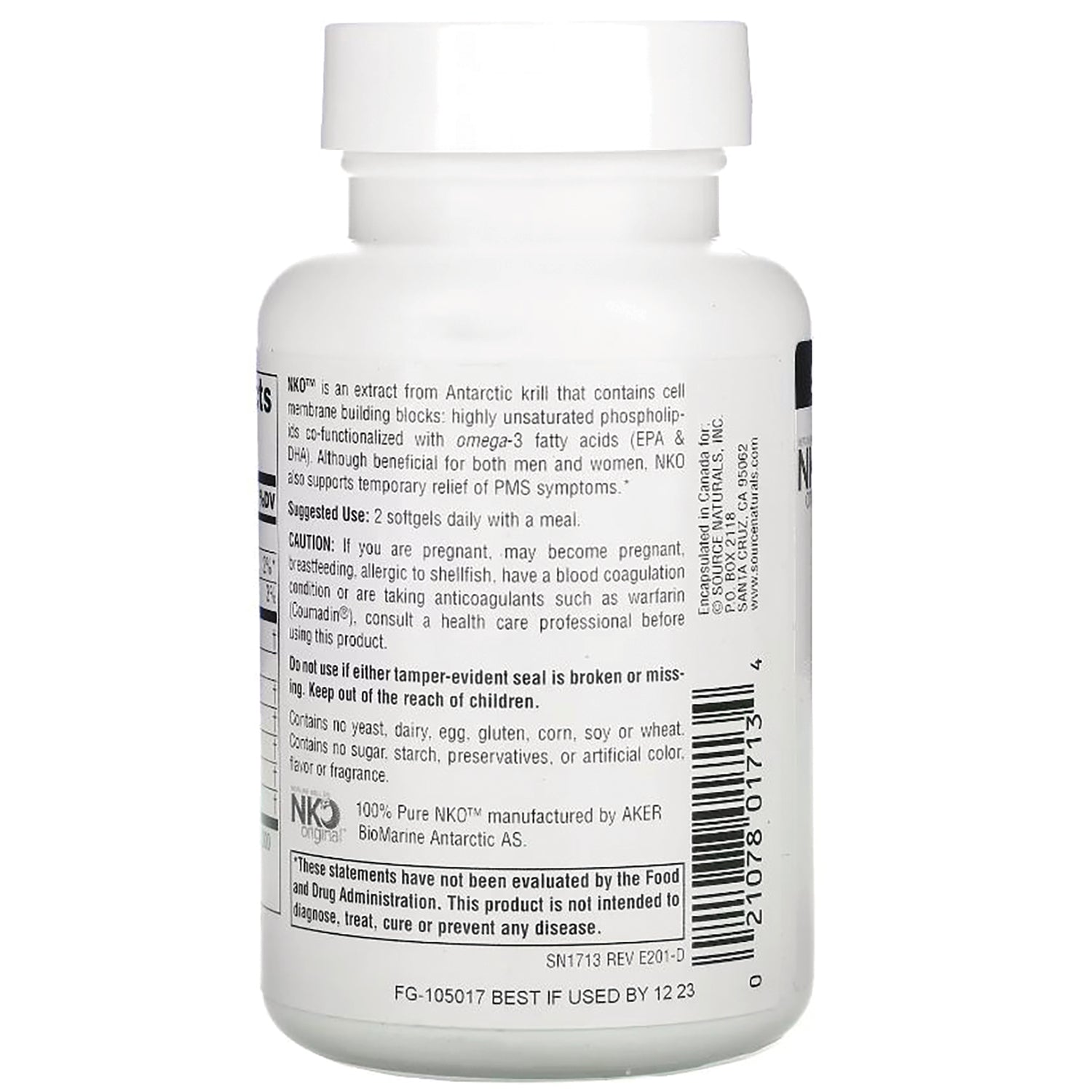SN412 | Supplement bottle back label with suggested use, caution text, FDA disclaimer, and barcode