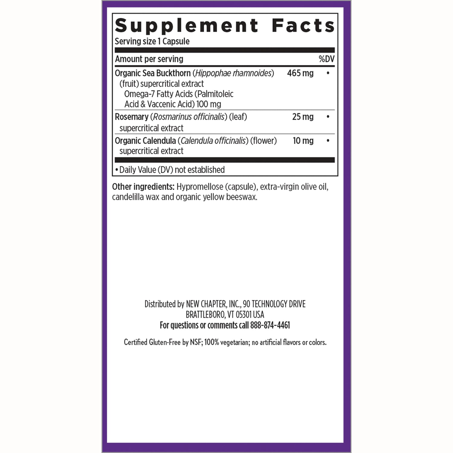 NWC289 | Supplement facts and ingredient panel showing serving size 1 capsule, organic sea buckthorn 465 mg, rosemary 25 mg, calendula 10 mg
