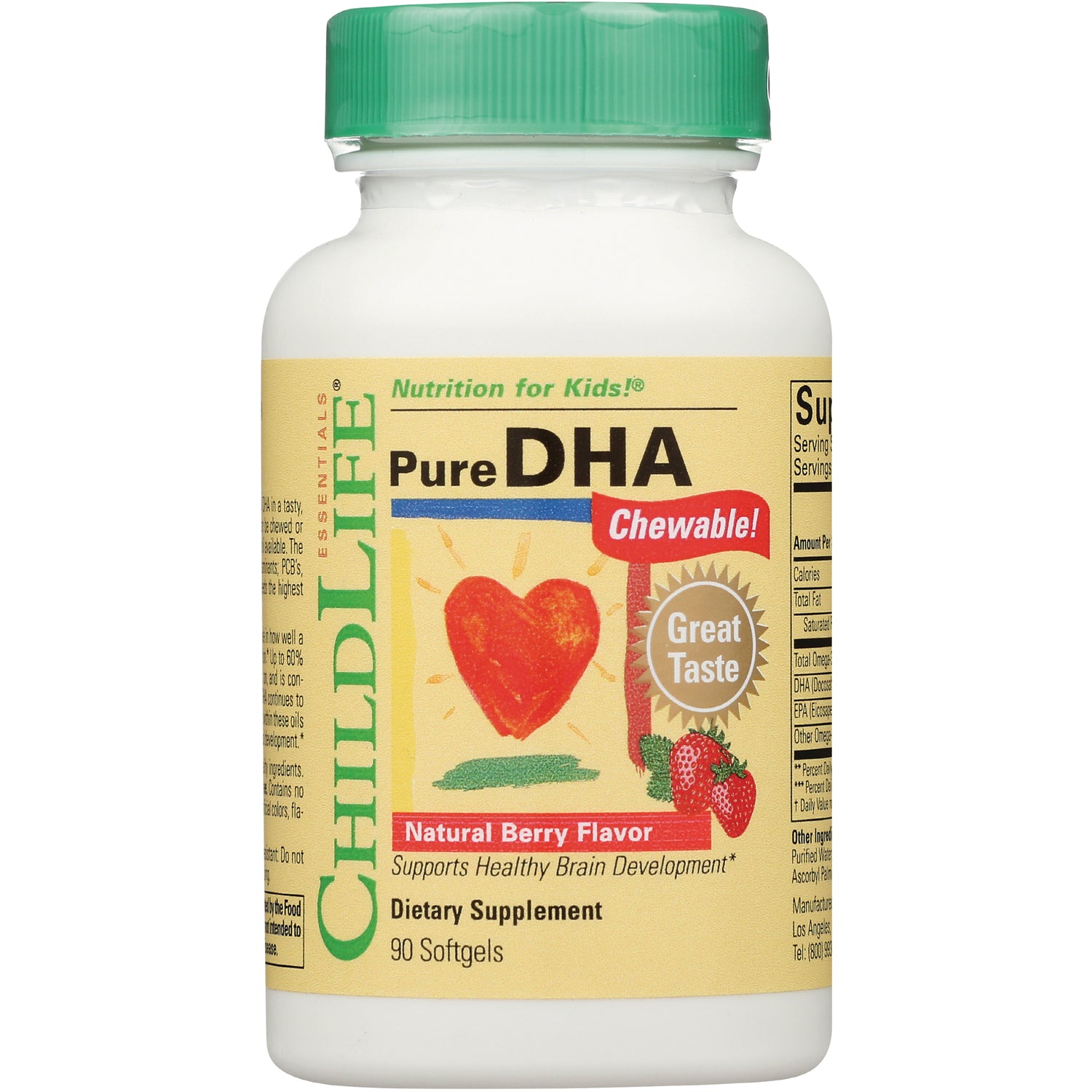 CHL008 | ChildLife Pure DHA chewable natural berry flavor supplement bottle front label with heart graphic and strawberries