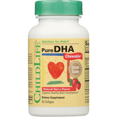 CHL008 | ChildLife Pure DHA chewable natural berry flavor supplement bottle front label with heart graphic and strawberries