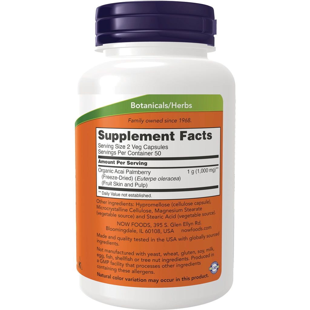 NWF519 | Back label of white supplement bottle showing Supplement Facts, serving size 2 veg capsules and Organic Acai Palmberry - Thumbnail