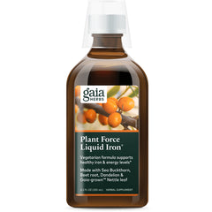 GH098 | Gaia Herbs Plant Force Liquid Iron brown glass bottle with sea buckthorn image on label