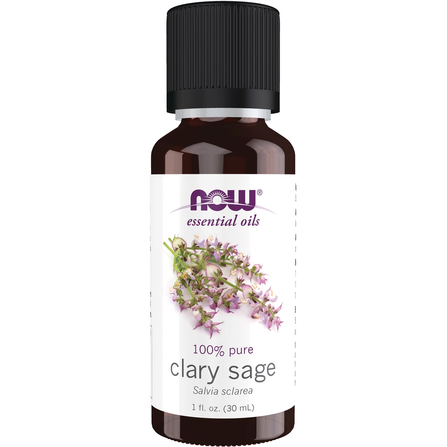 NWF1013 | 1 fl oz brown bottle of NOW essential oils 100% pure clary sage Salvia sclarea front label