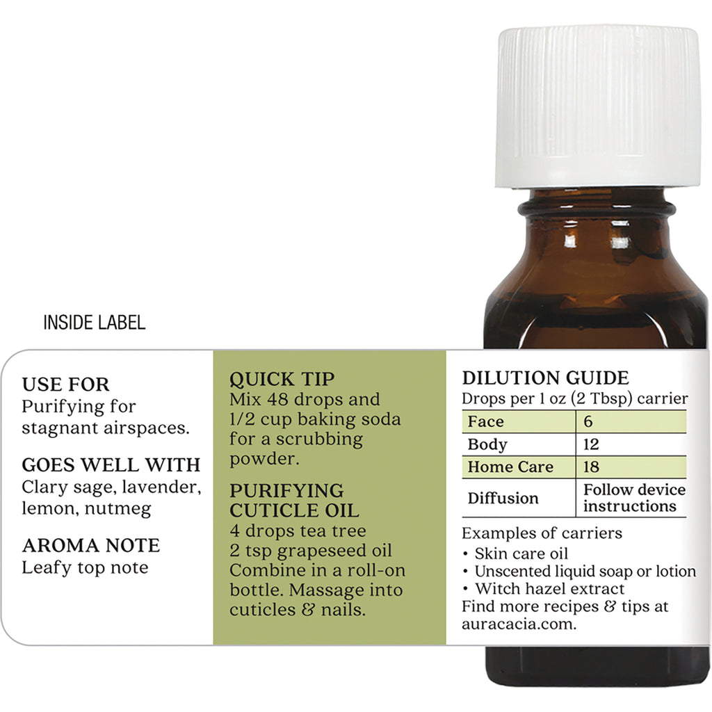 ARC006 | Back label of amber essential oil bottle showing dilution guide, quick tip, purifying cuticle oil recipe and usage notes - Thumbnail