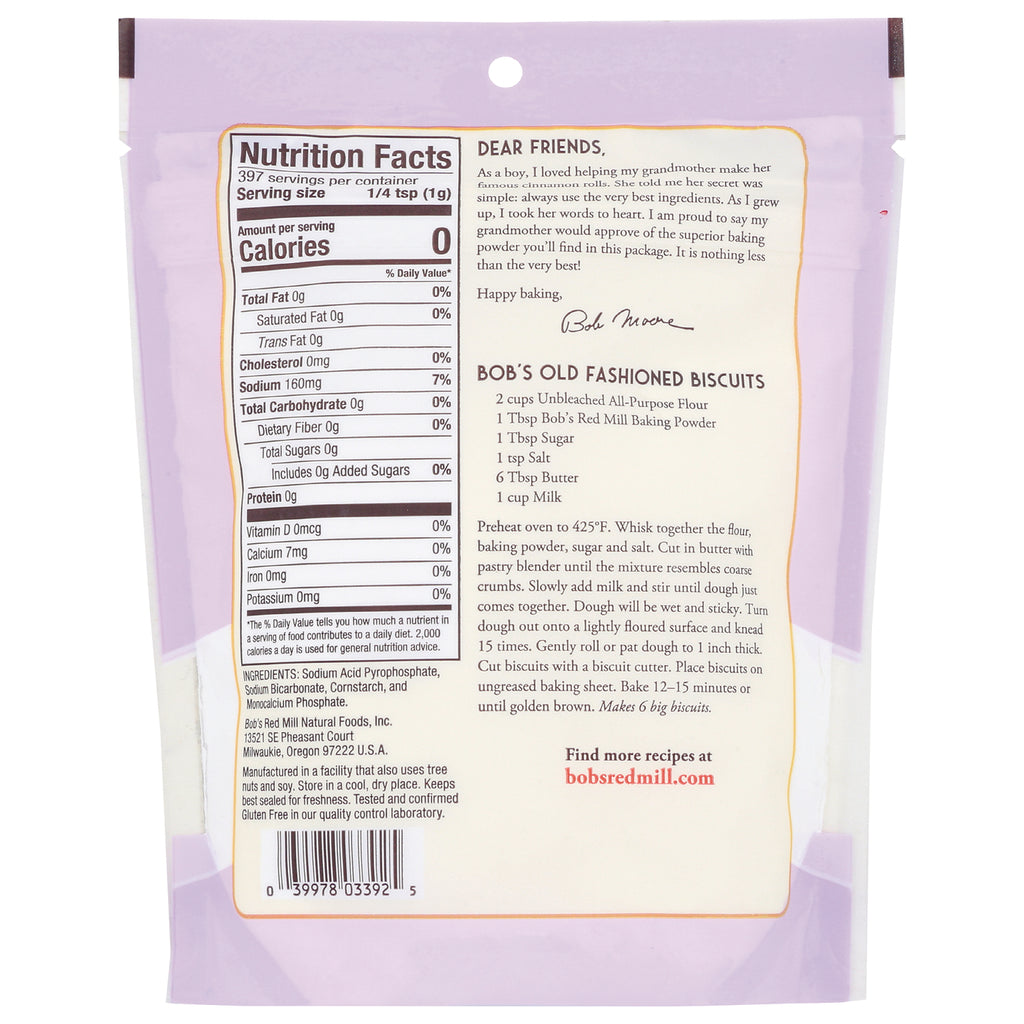 BOB289 | Back of baking powder pouch showing Nutrition Facts panel, ingredients, recipe and barcode - Thumbnail