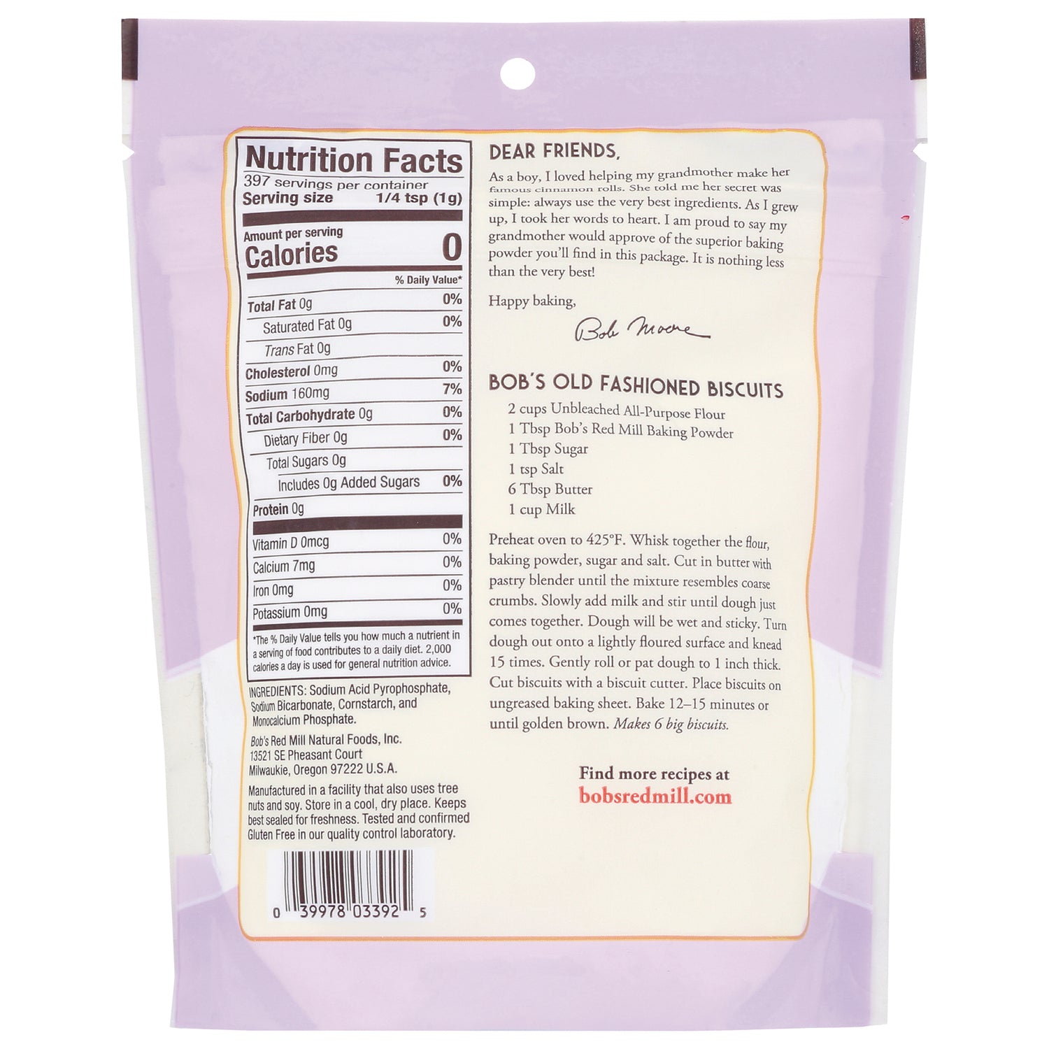 BOB289 | Back of baking powder pouch showing Nutrition Facts panel, ingredients, recipe and barcode