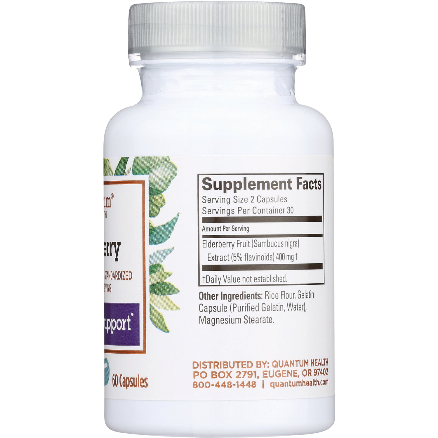 QU035 | Back label of white supplement bottle showing Supplement Facts box and other ingredients