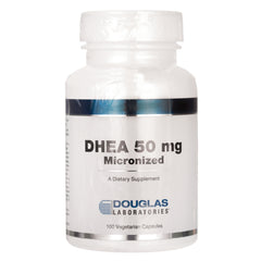 DGL025 | White supplement bottle labeled DHEA 50 mg Micronized, DOUGLAS LABORATORIES, 100 vegetarian capsules