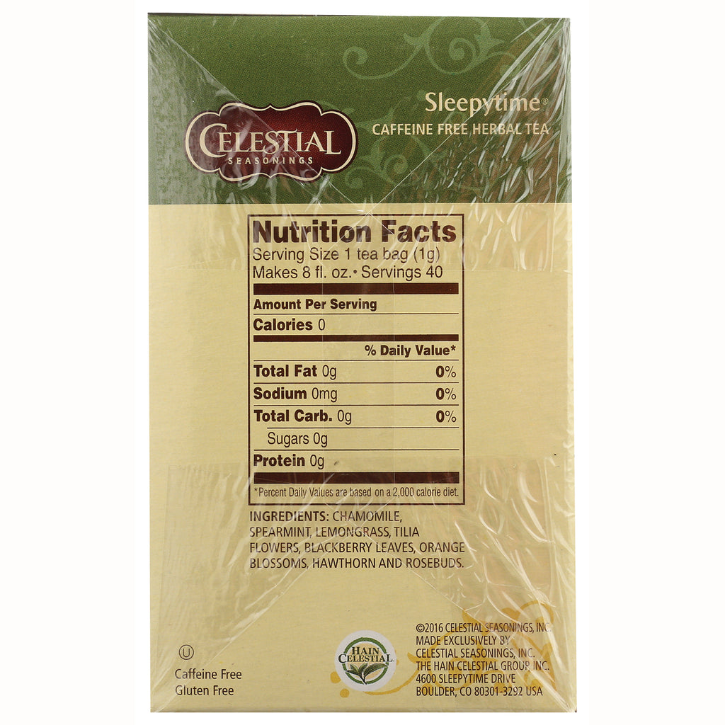 CEL002 | Back of Celestial Seasonings Sleepytime tea box showing Nutrition Facts panel and ingredients list - Thumbnail