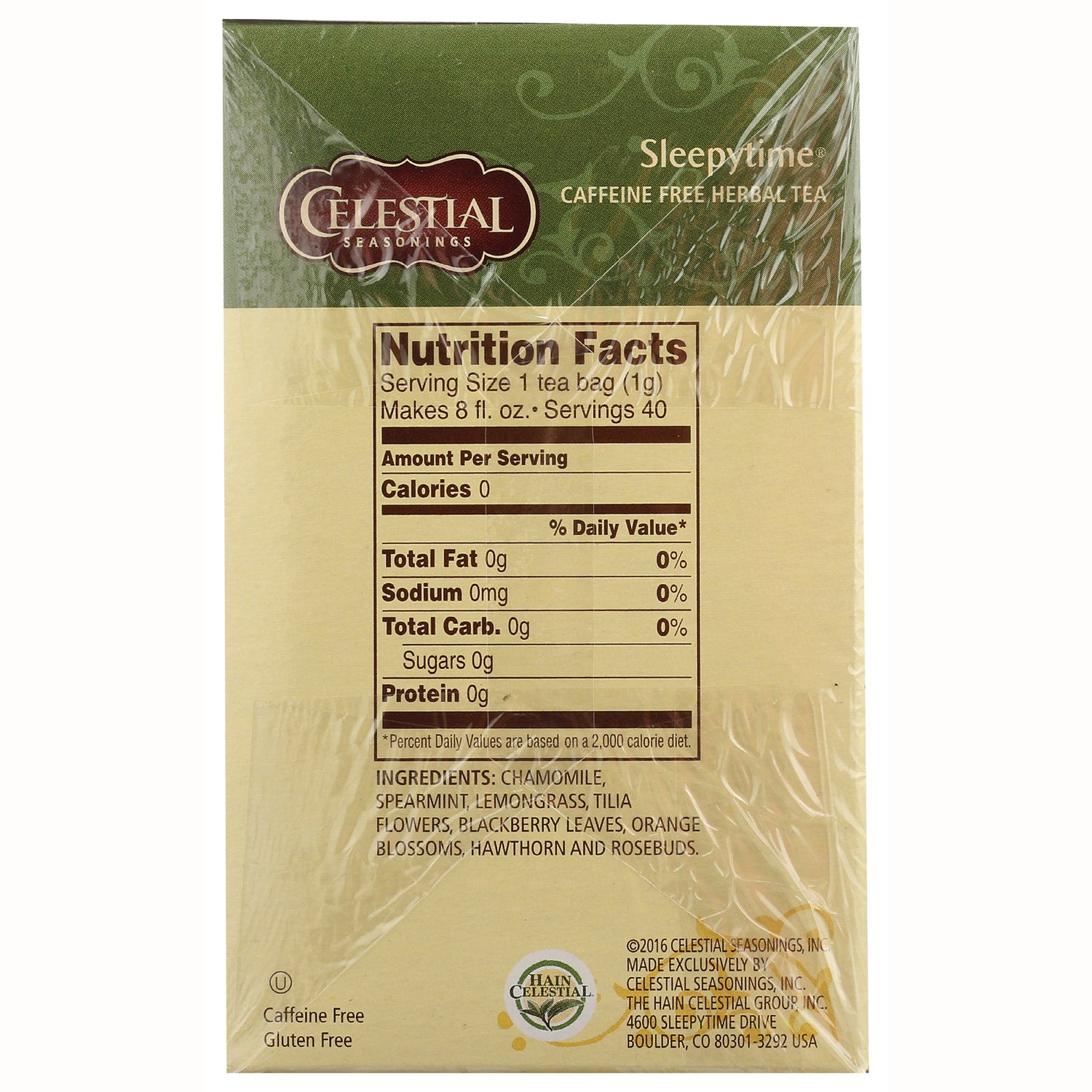 CEL002 | Back of Celestial Seasonings Sleepytime tea box showing Nutrition Facts panel and ingredients list