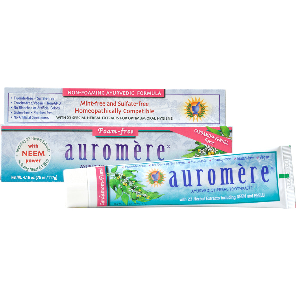 AUR008 | Auromere Ayurvedic herbal toothpaste tube and box, cardamom-fennel flavor, foam-free with neem - Thumbnail