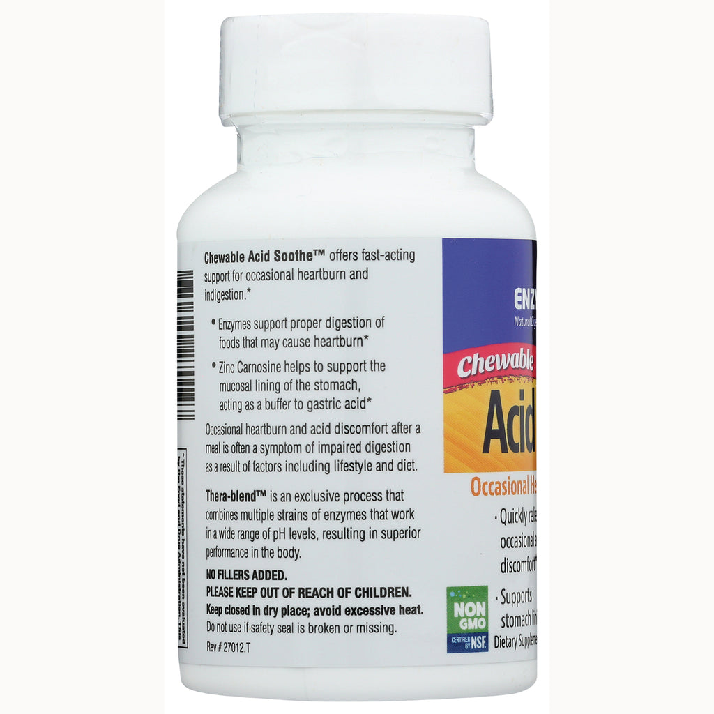 EMD062 | Back of white supplement bottle showing Chewable Acid Soothe label, ingredient and warning text, non-GMO logo - Thumbnail