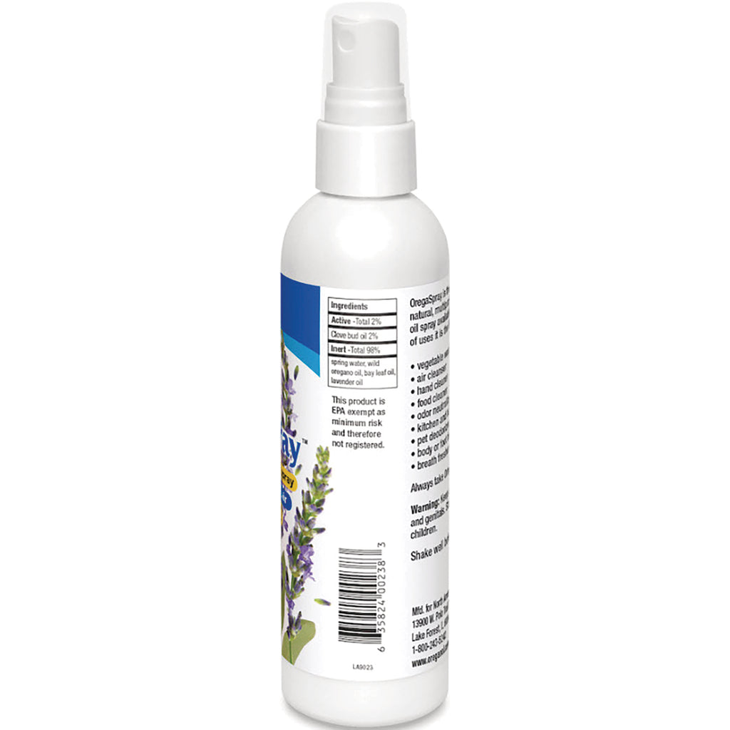 NHS015 | Back of white spray bottle showing ingredients panel, barcode and lavender illustration - Thumbnail