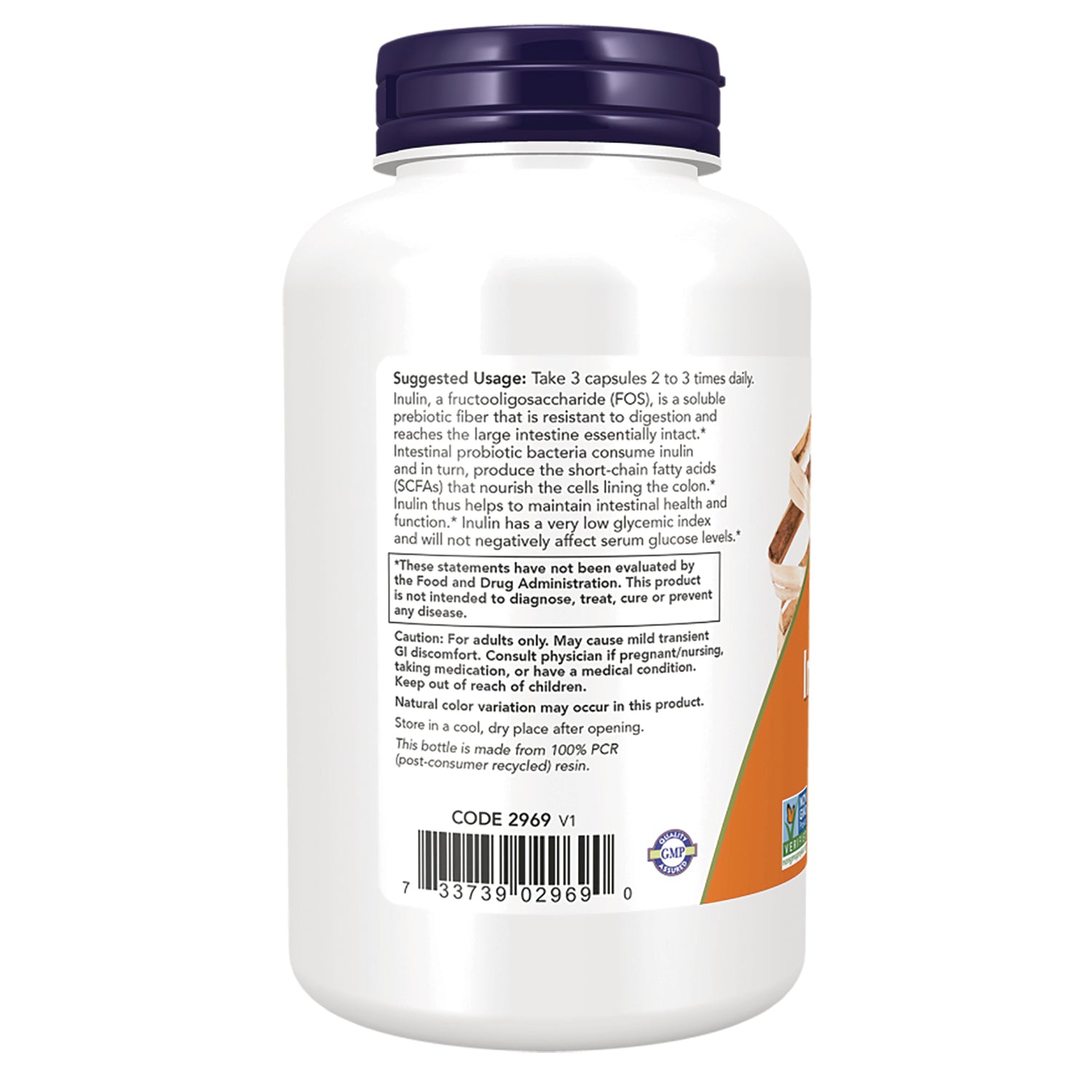 NWF1396 | back label of white supplement bottle showing suggested usage text, barcode and code 2969