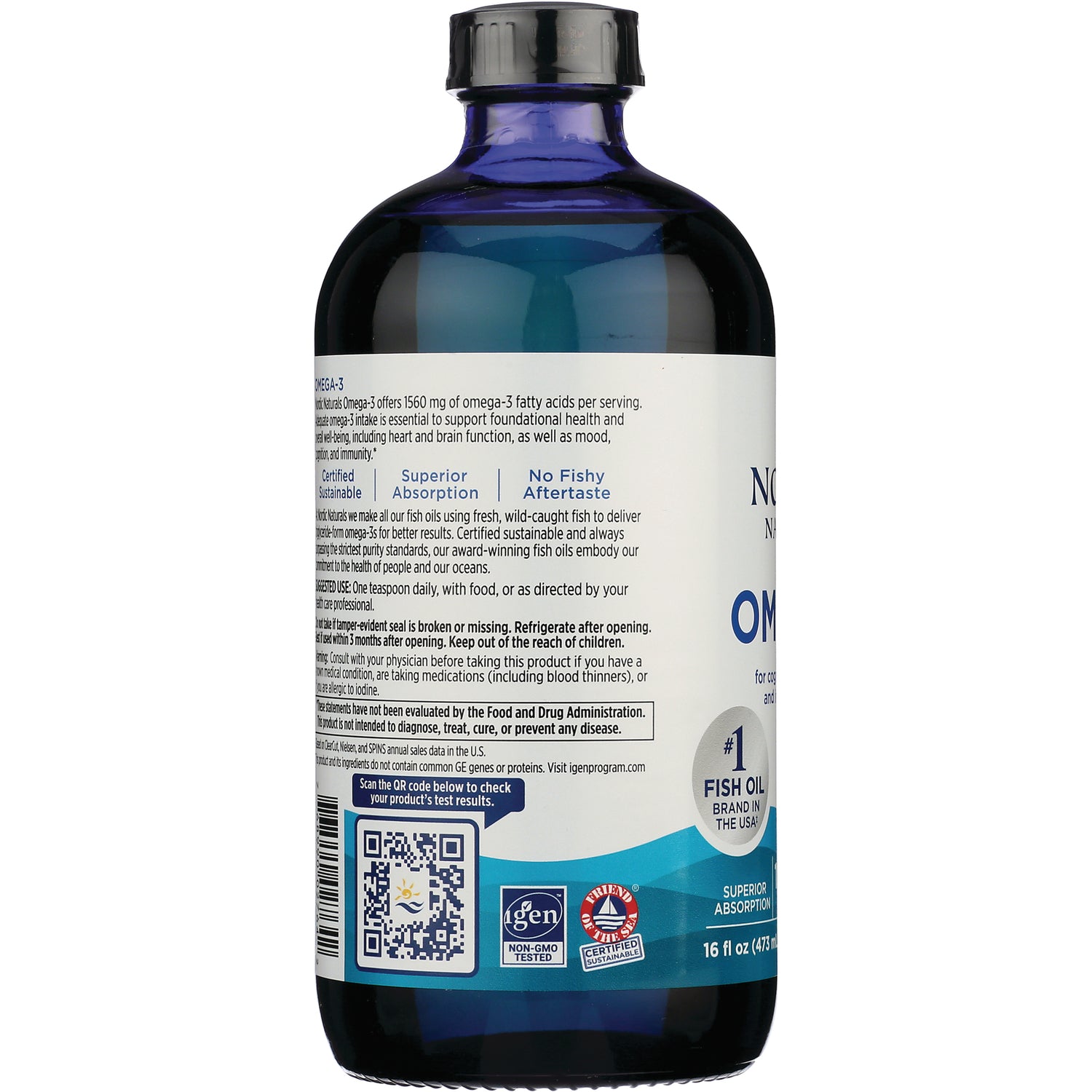 NRN028 | Back label of fish oil bottle showing supplement text, QR code, NON-GMO Tested badge and 16 fl oz