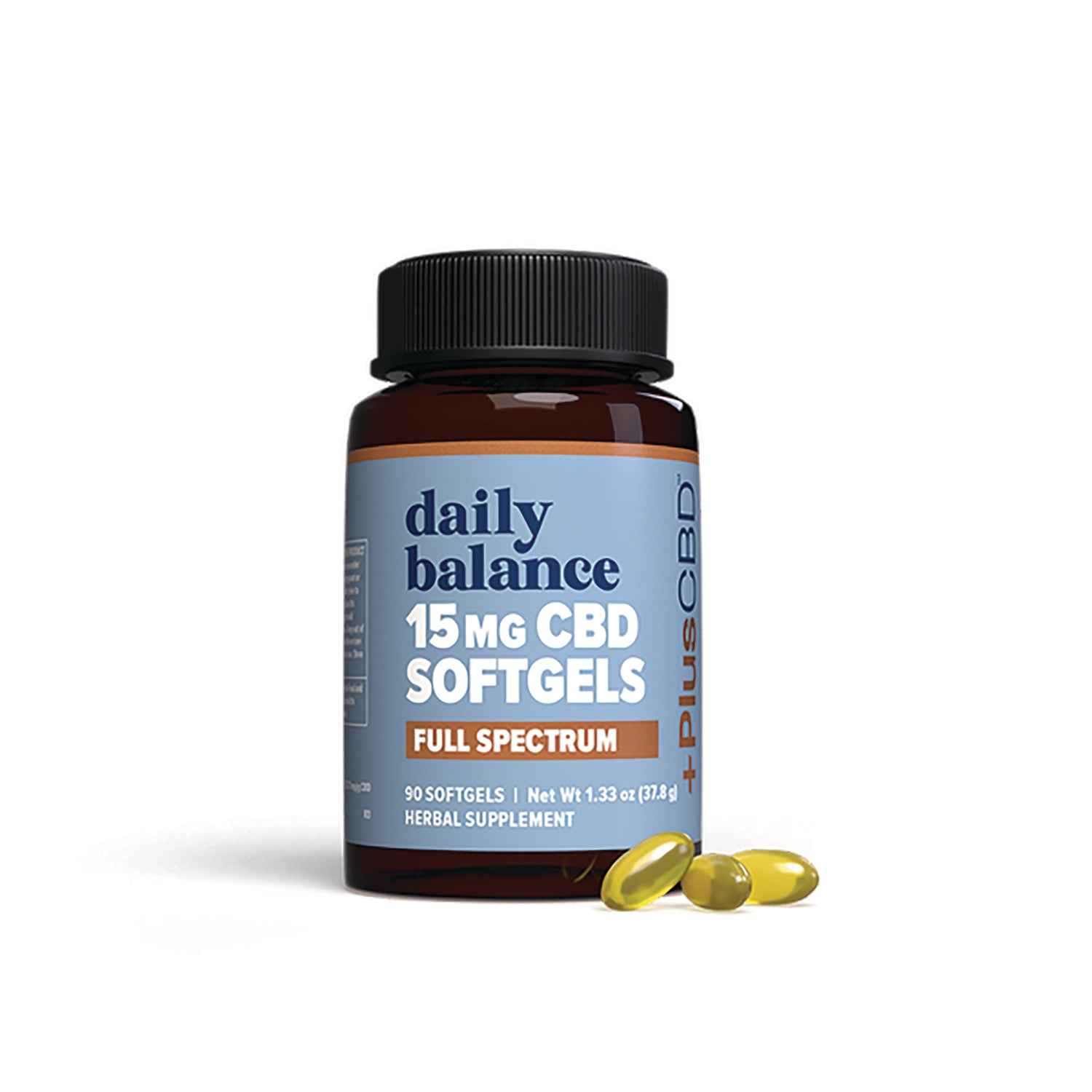 CV026 | Daily Balance 15 mg CBD softgels full spectrum amber bottle with three softgel capsules
