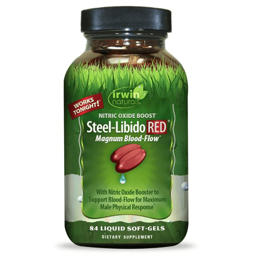 IR209 | irwin naturals Steel-Libido RED bottle with green label showing 84 liquid soft-gels and Magnum Blood-Flow - Thumbnail