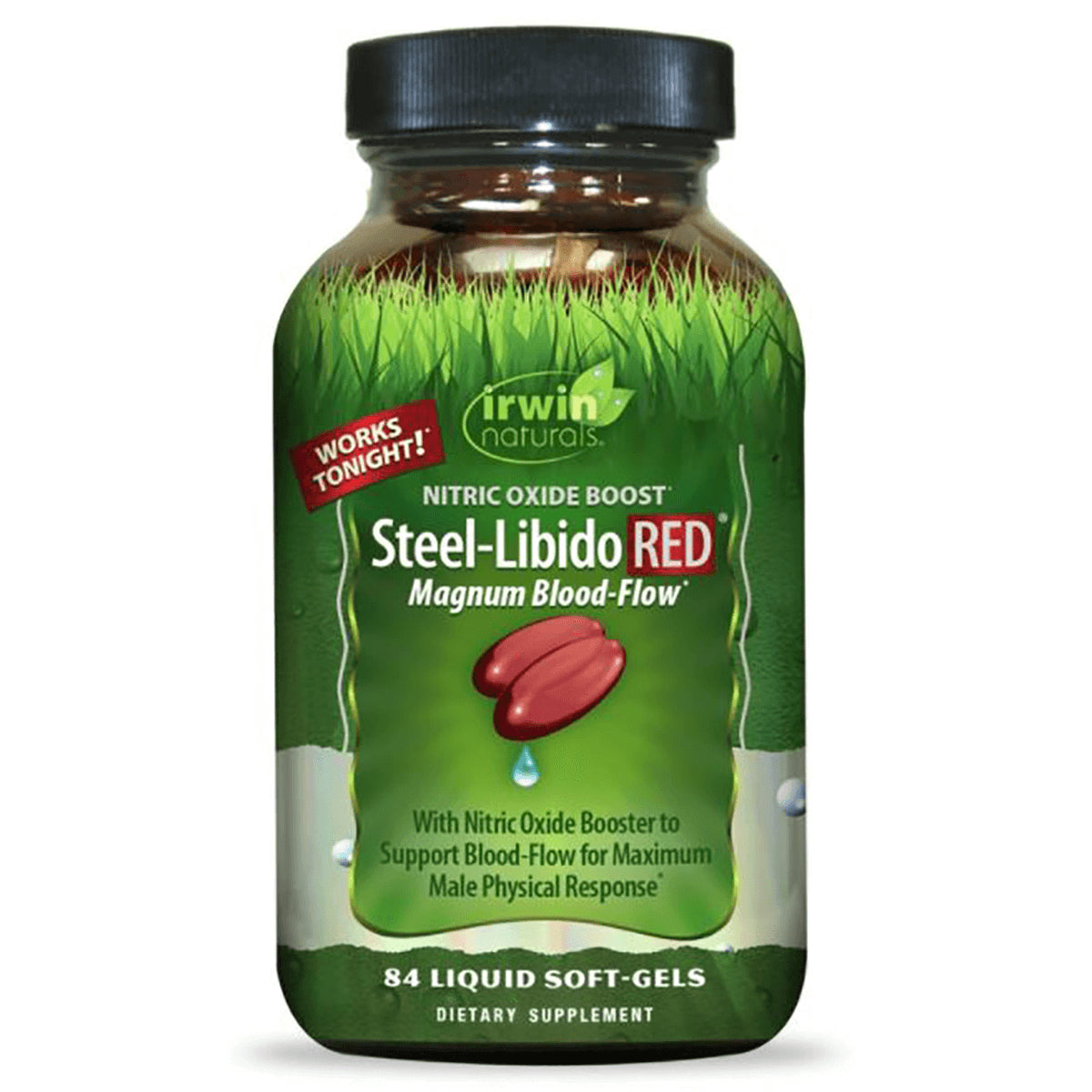 IR209 | irwin naturals Steel-Libido RED bottle with green label showing 84 liquid soft-gels and Magnum Blood-Flow