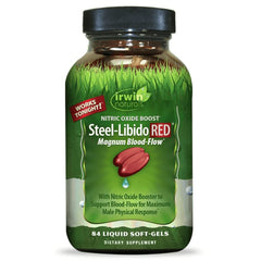 IR209 | irwin naturals Steel-Libido RED bottle with green label showing 84 liquid soft-gels and Magnum Blood-Flow
