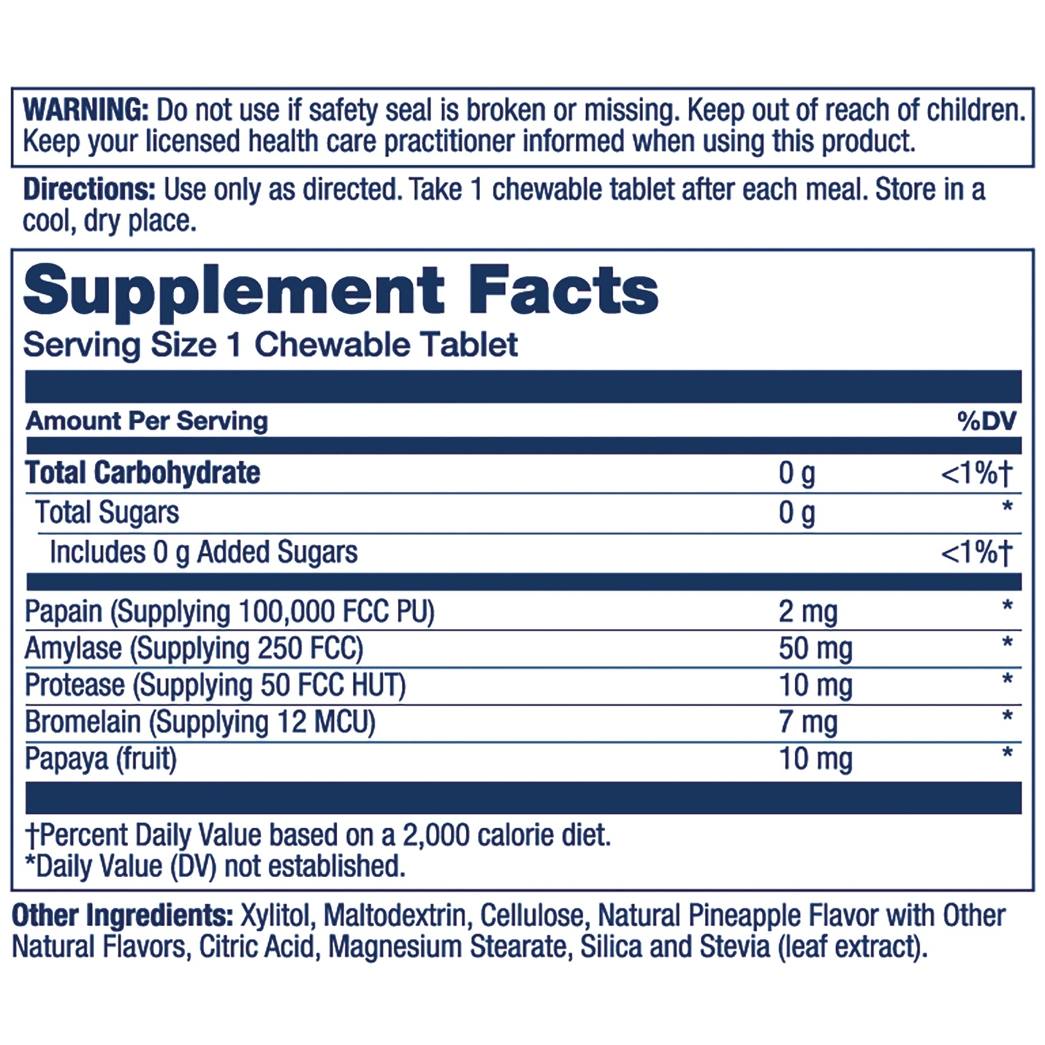 SLR528 | Supplement Facts back label showing serving size 1 chewable tablet and enzyme amounts e.g., Papain 2 mg, Amylase 50 mg, Protease 10 mg