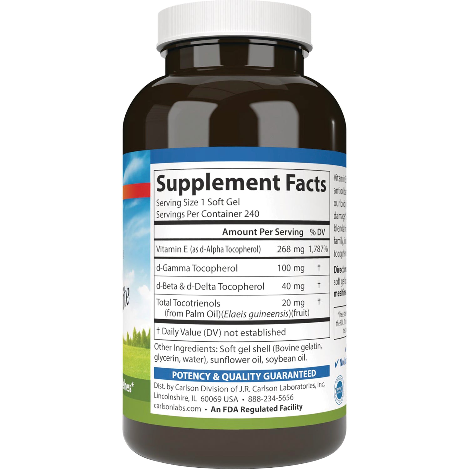 CSN197 | back label showing Supplement Facts panel listing vitamin E amounts, serving size, ingredients, and potency guarantee