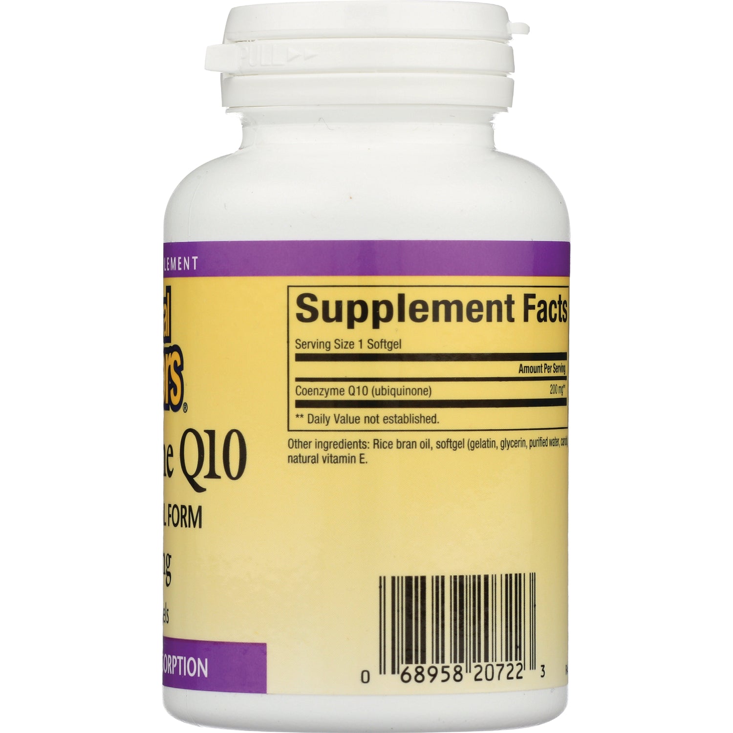 NFC062 | back of white supplement bottle showing Supplement Facts panel, Coenzyme Q10 serving size and barcode