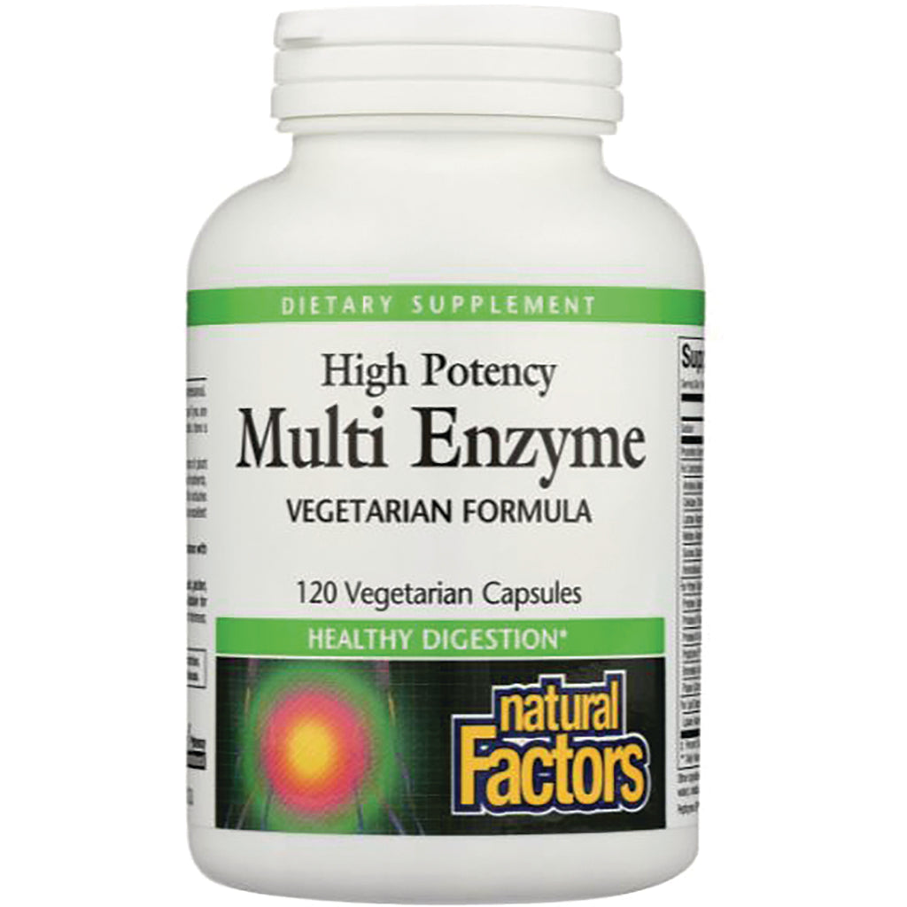 NFC074 | White bottle of Natural Factors High Potency Multi Enzyme vegetarian formula, 120 vegetarian capsules front label - Thumbnail