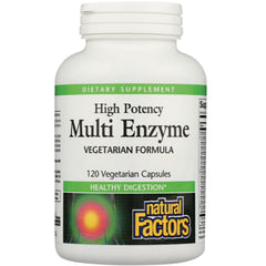 NFC074 | White bottle of Natural Factors High Potency Multi Enzyme vegetarian formula, 120 vegetarian capsules front label